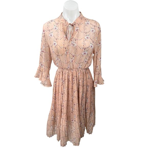 Homysu Women's Pink Floral Pleated 3/4 Sleeve Tie Neck A Line Midi Dress Size S - Picture 1 of 4